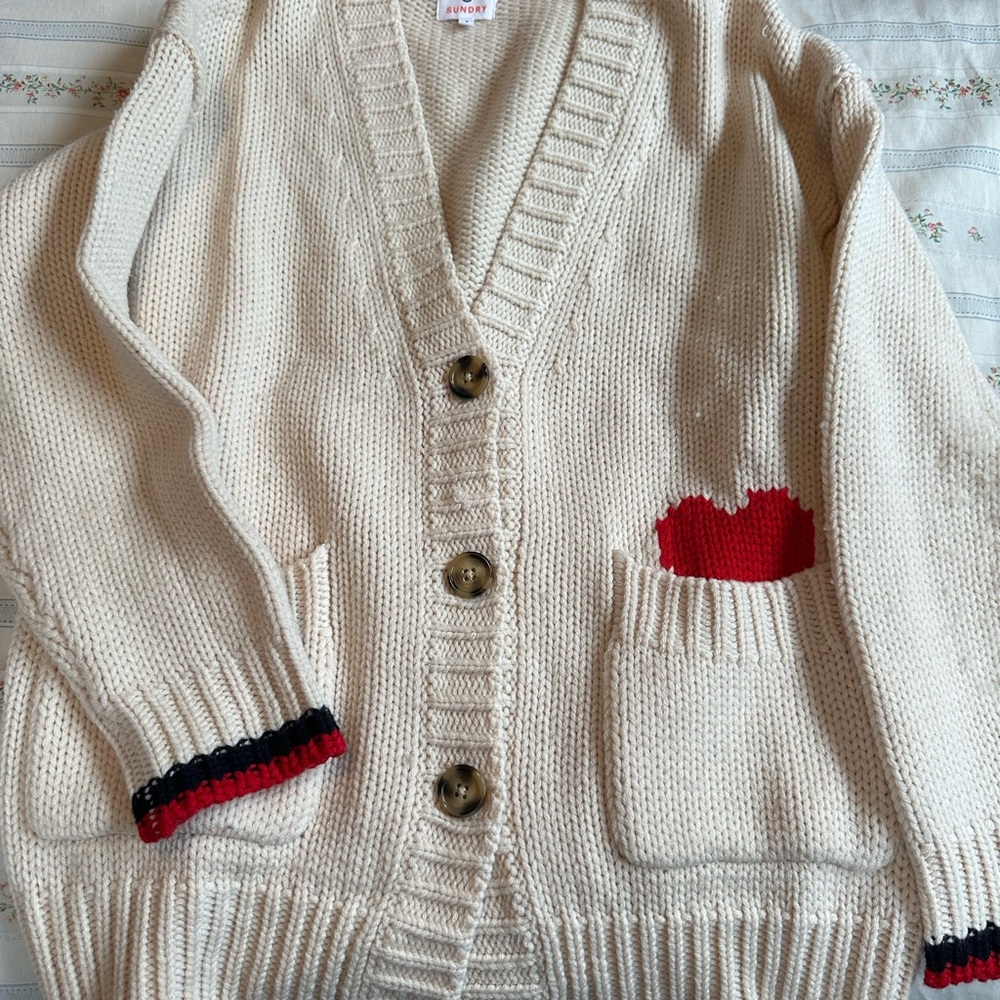 Sundry Cream Cardigan with Red Heart
